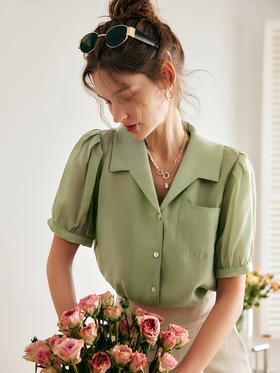 OLrain法式高级穿搭绿色天丝衬衫女夏季2022年新款泡泡袖薄款衬衣