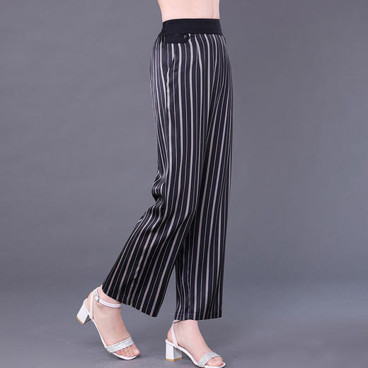 桑蚕丝竖条纹阔腿裤，新款薄款高腰直筒真丝垂感宽松裤子KQN-75623 商品图0