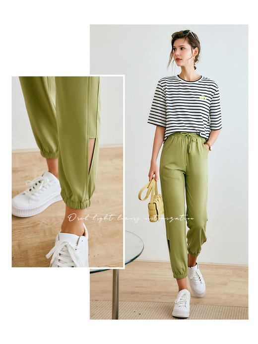 欧芮儿绿色休闲裤女夏季2022年新款高腰缎面束脚设计感锥形裤子 商品图0