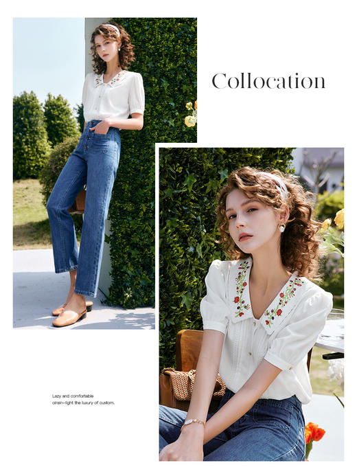 OLrain法式高级穿搭白色娃娃领衬衫女夏季2022新款刺绣泡泡袖衬衣 商品图0