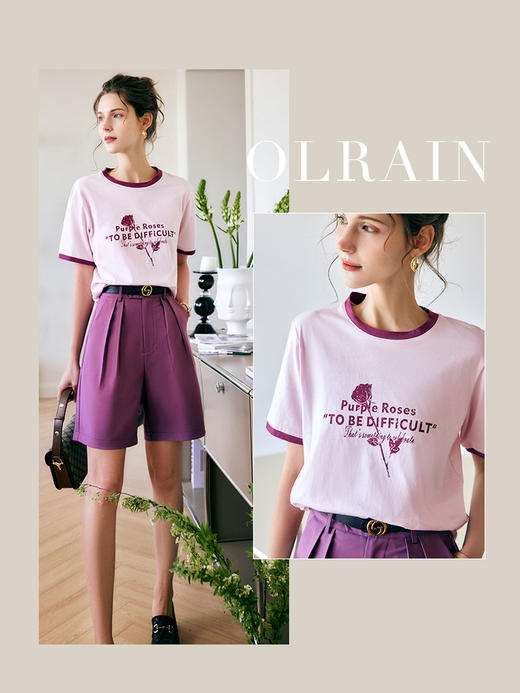 欧芮儿OLrain法式印花短袖t恤女夏季2022新款宽松圆领针织上衣 商品图0