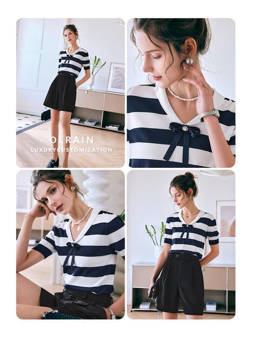 欧芮儿OLrain法式高级条纹针织衫女夏季2022新款修身蝴蝶结套头衫 商品图1