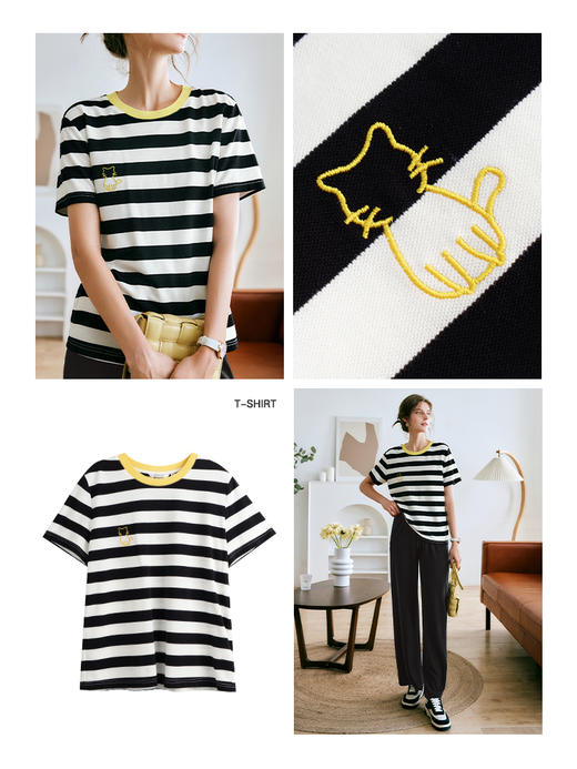 欧芮儿OLrain法式黑白条纹T恤女夏季2022新款宽松时尚薄款上衣 商品图1