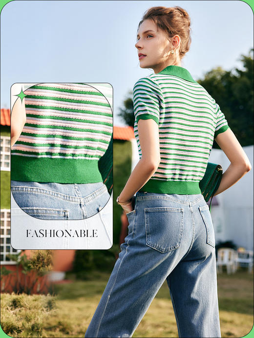 OLrain法式高级穿搭POLO领条纹针织衫女夏季2022新款修身薄款上衣 商品图3