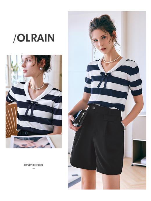 欧芮儿OLrain法式高级条纹针织衫女夏季2022新款修身蝴蝶结套头衫 商品图2
