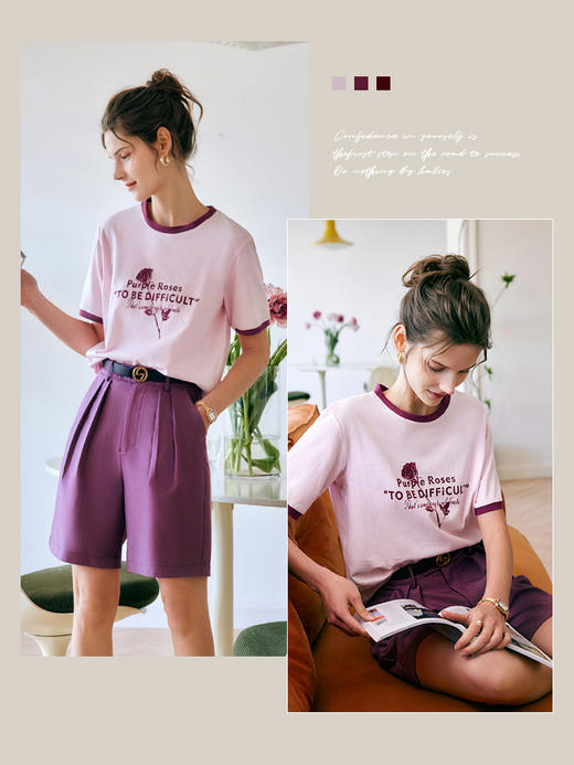 欧芮儿OLrain法式印花短袖t恤女夏季2022新款宽松圆领针织上衣 商品图3