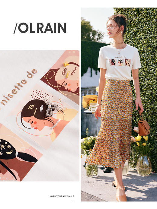 欧芮儿白色短袖t恤女夏季2022新款宽松显瘦时尚印花钉珠纯棉上衣 商品图1