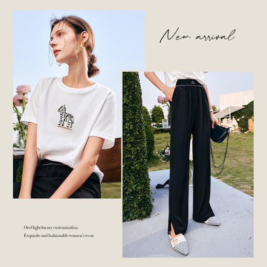 欧芮儿黑色休闲裤女夏季2022新款高腰气质直筒开叉阔腿薄款拖地裤 商品图3