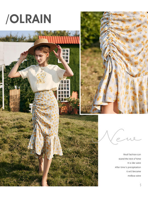 欧芮儿OLrain法式碎花半身裙女夏2022高腰不规则鱼尾裙中长款包裙 商品图1