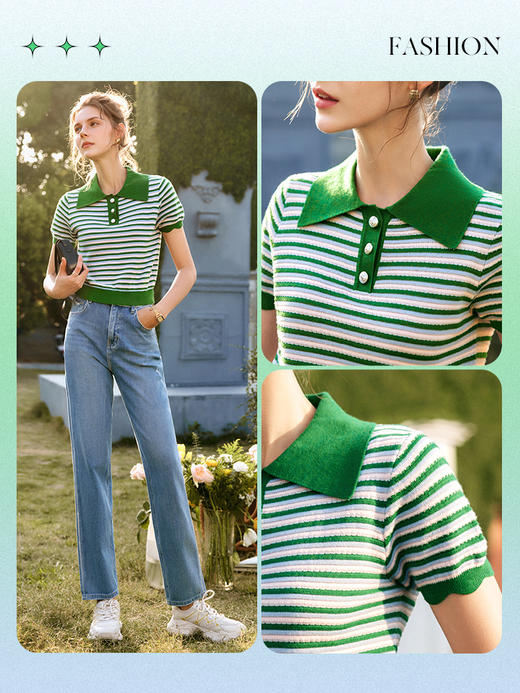 OLrain法式高级穿搭POLO领条纹针织衫女夏季2022新款修身薄款上衣 商品图2