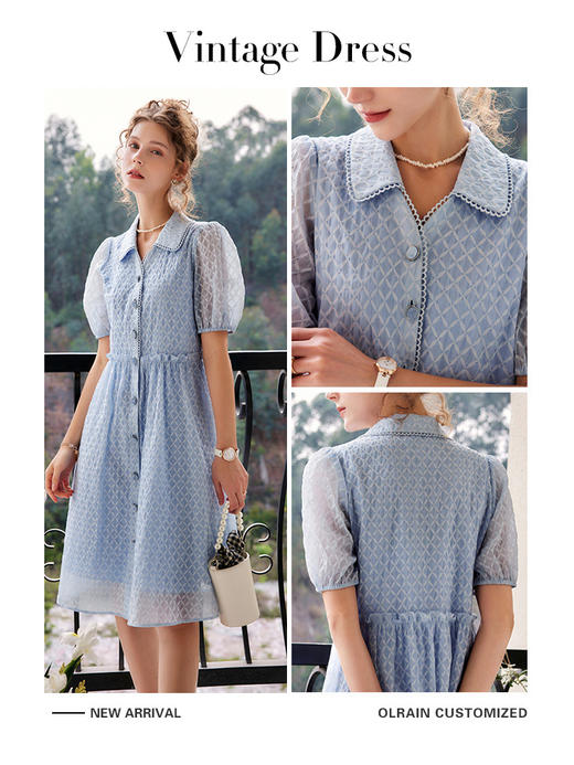 OLrain法式高级穿搭连衣裙女夏季2022年新款收腰蕾丝泡泡袖裙子 商品图0