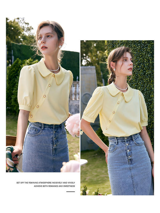 欧芮儿娃娃领衬衫女夏季2022新款宽松法式减龄不规则纯色薄款衬衣 商品图1