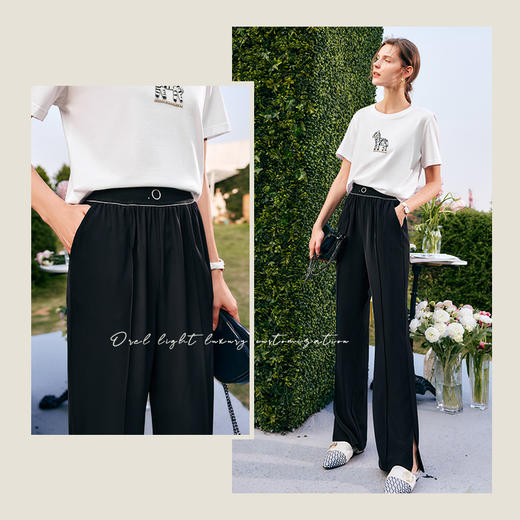 欧芮儿黑色休闲裤女夏季2022新款高腰气质直筒开叉阔腿薄款拖地裤 商品图2