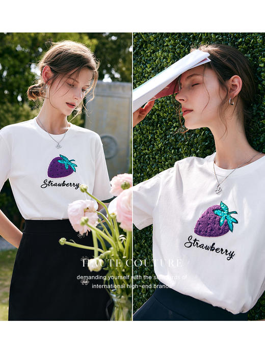 欧芮儿白色短袖t恤女夏季2022新款宽松时尚洋气草莓刺绣减龄上衣 商品图2