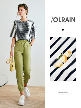 欧芮儿黑白条纹t恤女夏季2022新款宽松时尚休闲减龄印花针织上衣