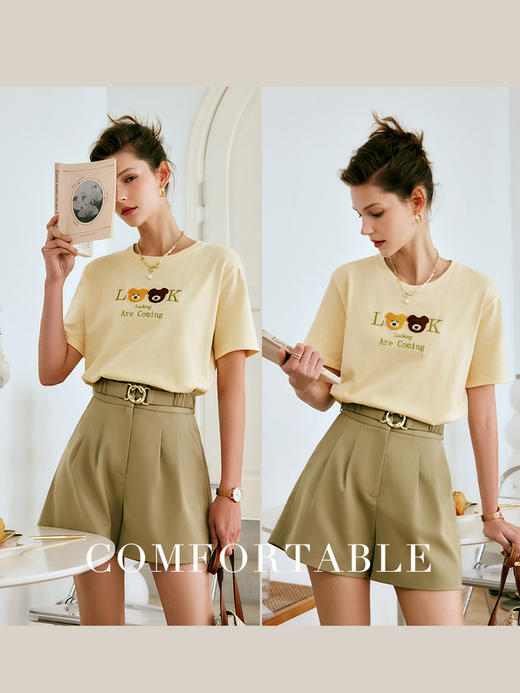 OLrain法式高级穿搭短袖t恤女夏季2022新款小熊刺绣纯棉休闲上衣 商品图1