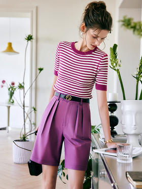 欧芮儿条纹套头针织衫女夏季2022年新款修身显瘦薄款撞色圆领上衣