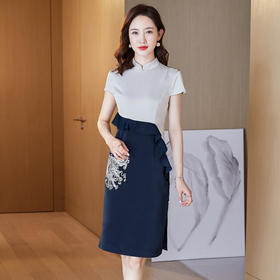 婚宴装妈妈装礼服2022新款时尚拼接双开叉裙子喜婆婆高贵连衣裙夏