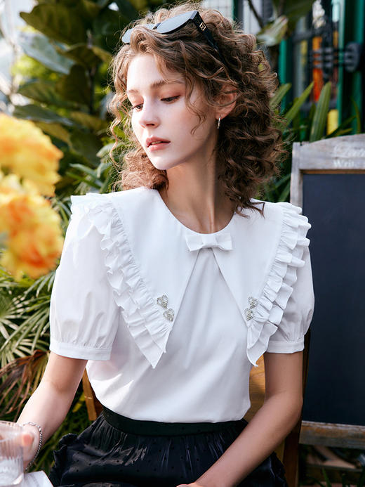 OLrain法式高级穿搭娃娃领衬衫女夏季2022年新款蝴蝶结设计感衬衣 商品图3