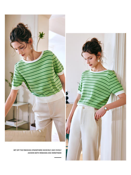 OLrain法式高级穿搭条纹针织衫女夏季2022年新款圆领修身薄款上衣 商品图0