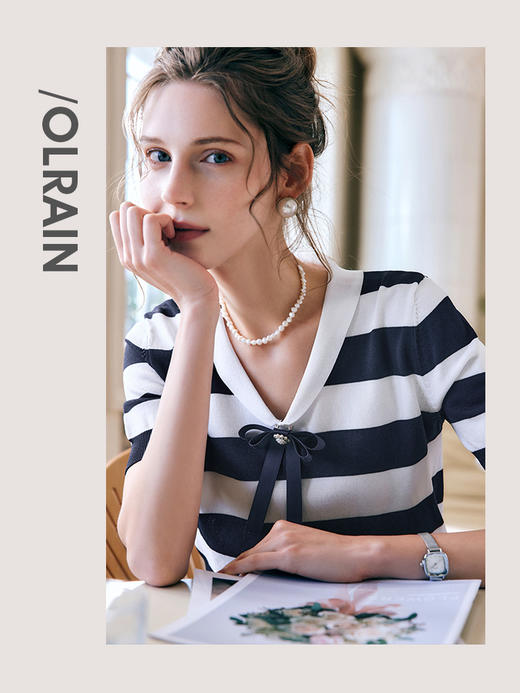 欧芮儿OLrain法式高级条纹针织衫女夏季2022新款修身蝴蝶结套头衫 商品图3