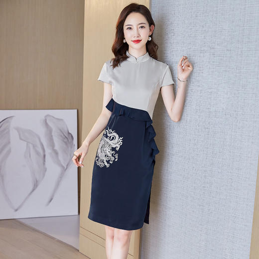 婚宴装妈妈装礼服2022新款时尚拼接双开叉裙子喜婆婆高贵连衣裙夏 商品图1