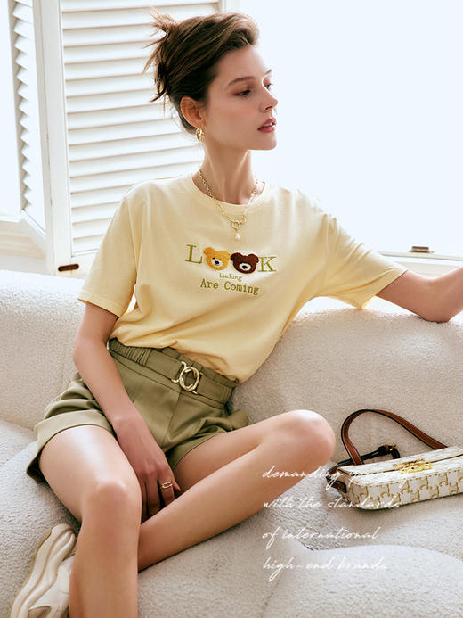 OLrain法式高级穿搭短袖t恤女夏季2022新款小熊刺绣纯棉休闲上衣 商品图2