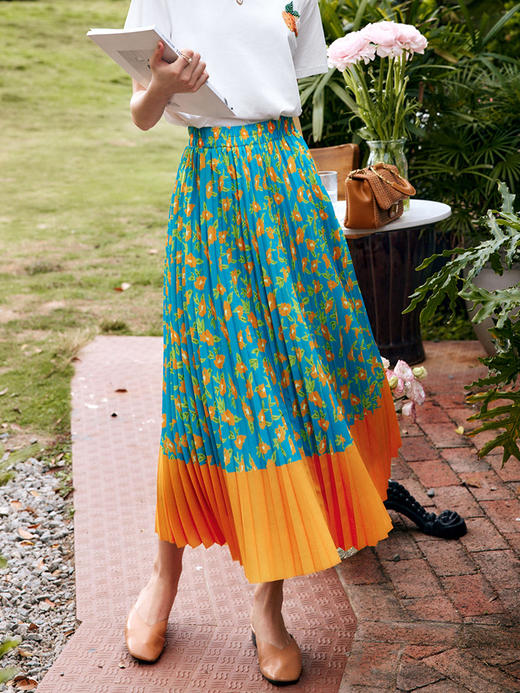 欧芮儿碎花半身裙女夏季2022年新款高腰法式撞色百褶薄款大摆伞裙 商品图3