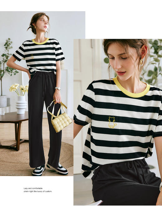 欧芮儿OLrain法式黑白条纹T恤女夏季2022新款宽松时尚薄款上衣 商品图0