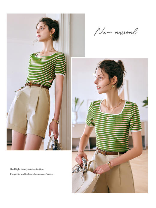 欧芮儿条纹短袖T恤女夏季2022新款修身时尚方领撞色冰爽薄款上衣 商品图2