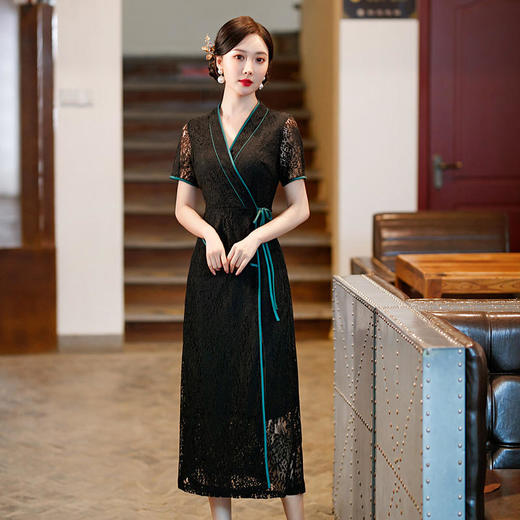 优雅修身，新款黑色系带蕾丝复古外套改良V领日常旗袍裙XL-678 商品图0