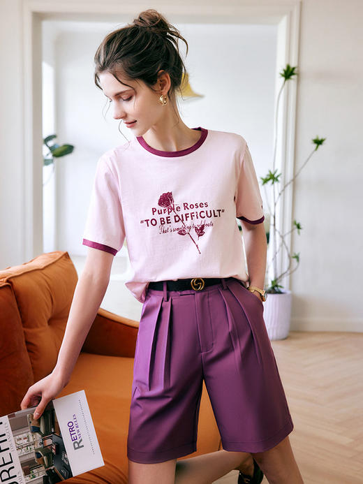 欧芮儿OLrain法式印花短袖t恤女夏季2022新款宽松圆领针织上衣 商品图2