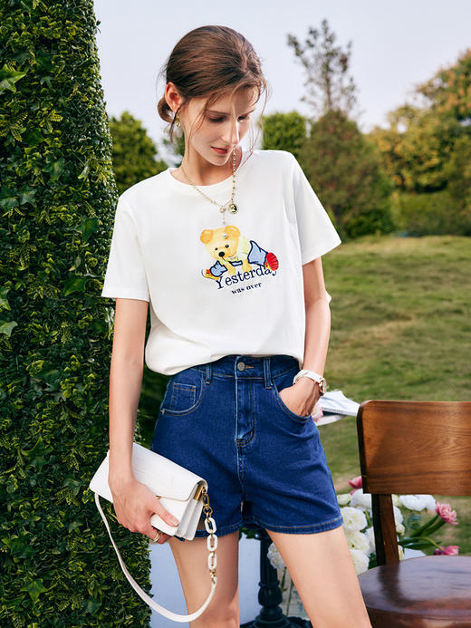 OLrain法式高级穿搭白色短袖t恤女夏季2022新款刺绣正肩针织上衣 商品图0