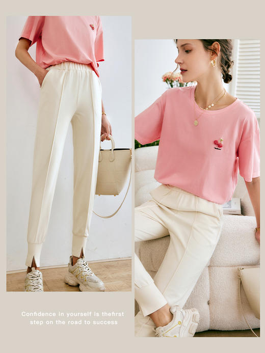欧芮儿粉色短袖t恤女夏季2022年新款宽松时尚落肩袖刺绣纯棉上衣 商品图3