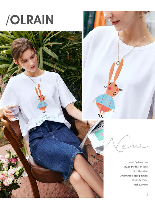欧芮儿白色短袖t恤女夏季2022新款宽松显瘦时尚兔子印花圆领上衣 商品图2