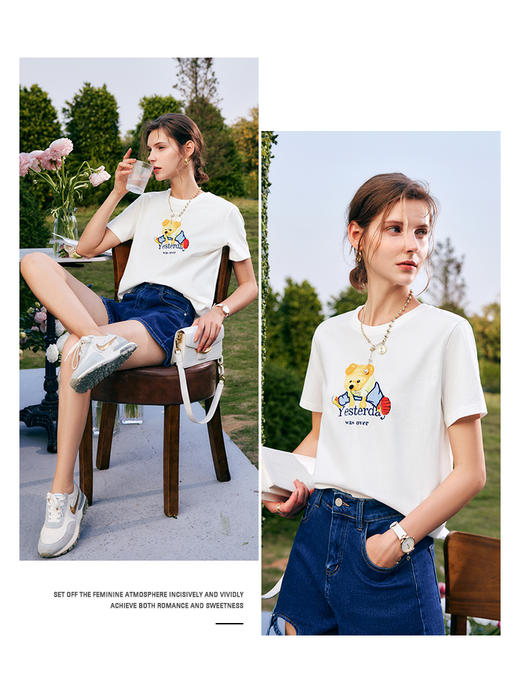 OLrain法式高级穿搭白色短袖t恤女夏季2022新款刺绣正肩针织上衣 商品图3