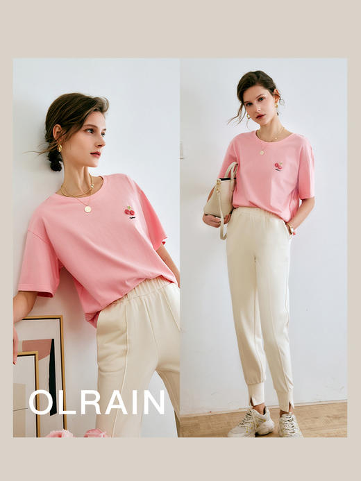 欧芮儿粉色短袖t恤女夏季2022年新款宽松时尚落肩袖刺绣纯棉上衣 商品图1