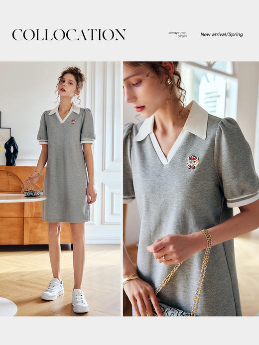 欧芮儿OLrain法式polo连衣裙女夏2022新款宽松气质刺绣显白短裙子 商品图1