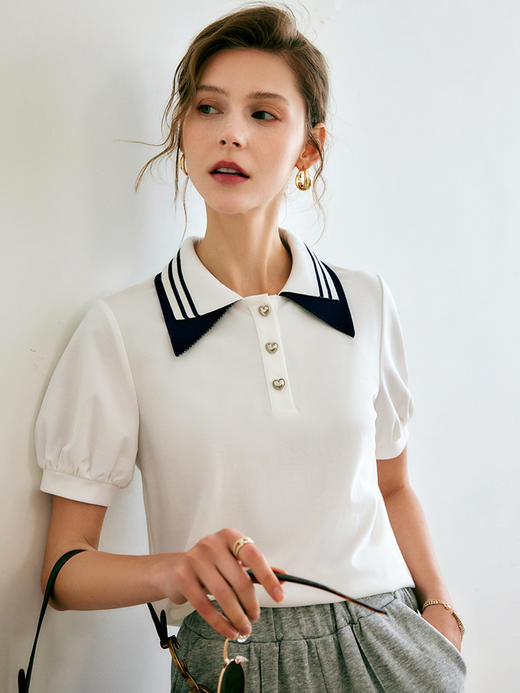 欧芮儿OLrain法式POLO领t恤女夏2022年新款泡泡袖学院风针织上衣 商品图3