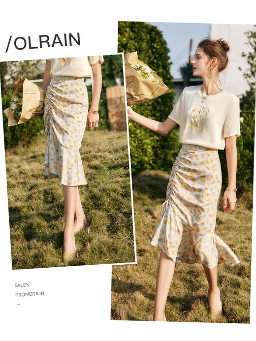 欧芮儿OLrain法式碎花半身裙女夏2022高腰不规则鱼尾裙中长款包裙 商品图2