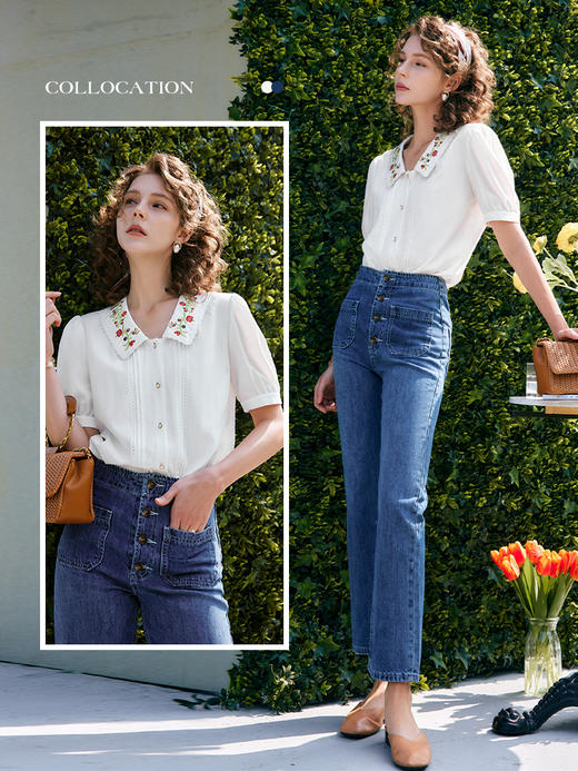 OLrain法式高级穿搭白色娃娃领衬衫女夏季2022新款刺绣泡泡袖衬衣 商品图2