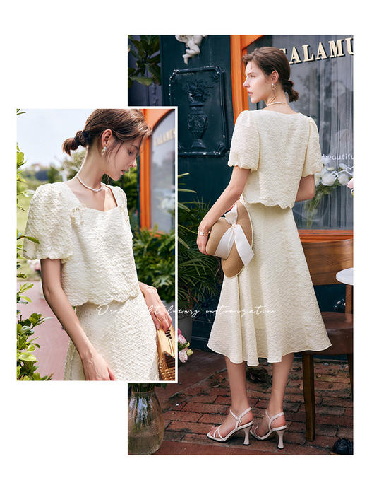 欧芮儿OLrain法式泡泡纱时尚套装女夏季2022年新款裙子两件套 商品图1