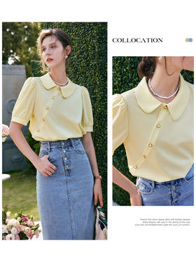 欧芮儿娃娃领衬衫女夏季2022新款宽松法式减龄不规则纯色薄款衬衣