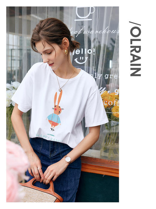 欧芮儿白色短袖t恤女夏季2022新款宽松显瘦时尚兔子印花圆领上衣 商品图3