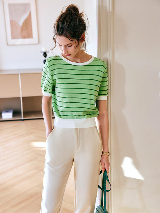 OLrain法式高级穿搭条纹针织衫女夏季2022年新款圆领修身薄款上衣 商品图3