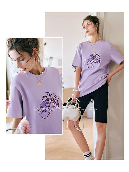 欧芮儿OLrain法式短袖t恤女夏季2022新款宽松刺绣紫色中长上衣 商品图0