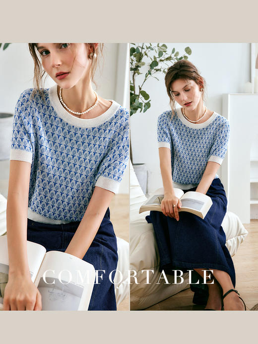 欧芮儿OLrain法式高级菱格提花针织衫女夏季2022新款冰爽套头衫 商品图1