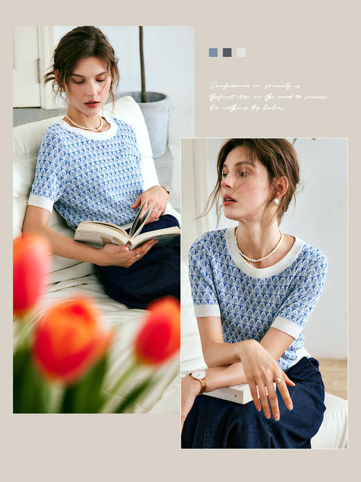 欧芮儿OLrain法式高级菱格提花针织衫女夏季2022新款冰爽套头衫 商品图3