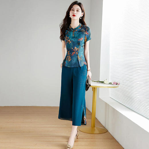 YW-TB-FC1711  2022夏新款修身气质优雅高档短袖雪纺衫休闲长裤 商品图3