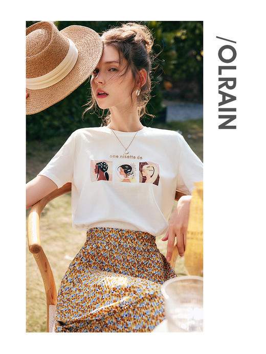 欧芮儿白色短袖t恤女夏季2022新款宽松显瘦时尚印花钉珠纯棉上衣 商品图3